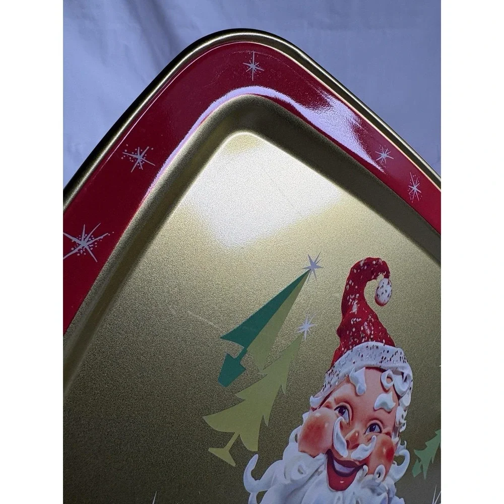 VTG Santa Tray Christmas Atomic Stars Holiday Metal Decorative Gold Retro 11x14